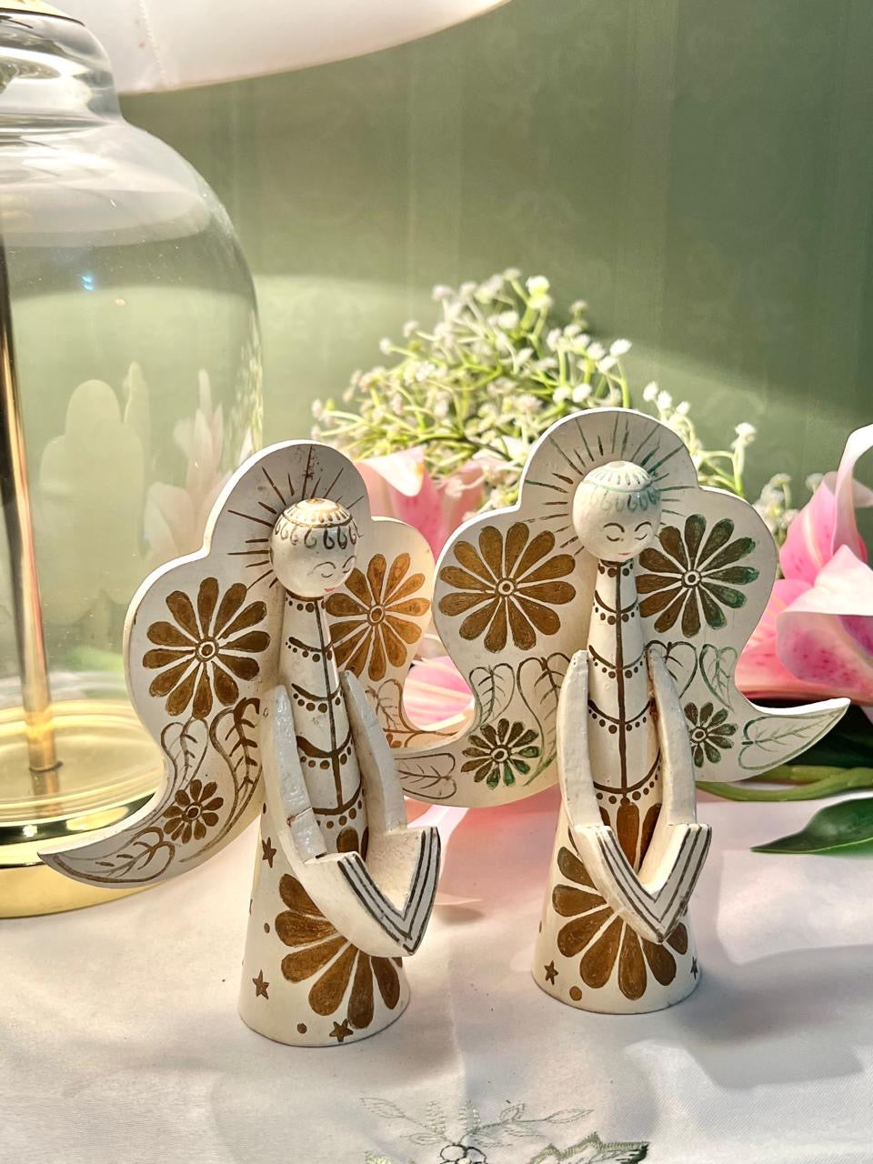 Pair of Floral Angel Figurines Cream & Gold 15cm