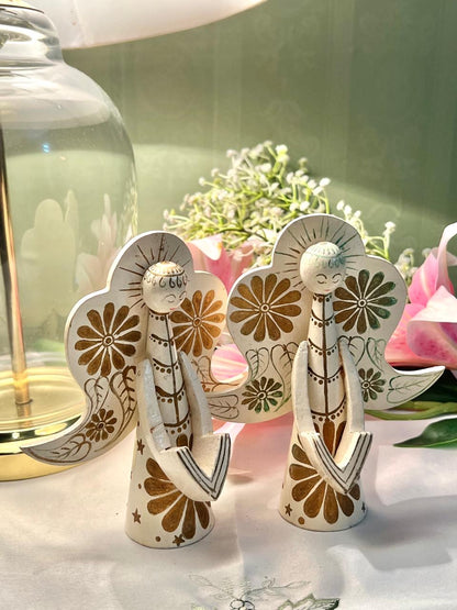 Pair of Floral Angel Figurines Cream & Gold 15cm