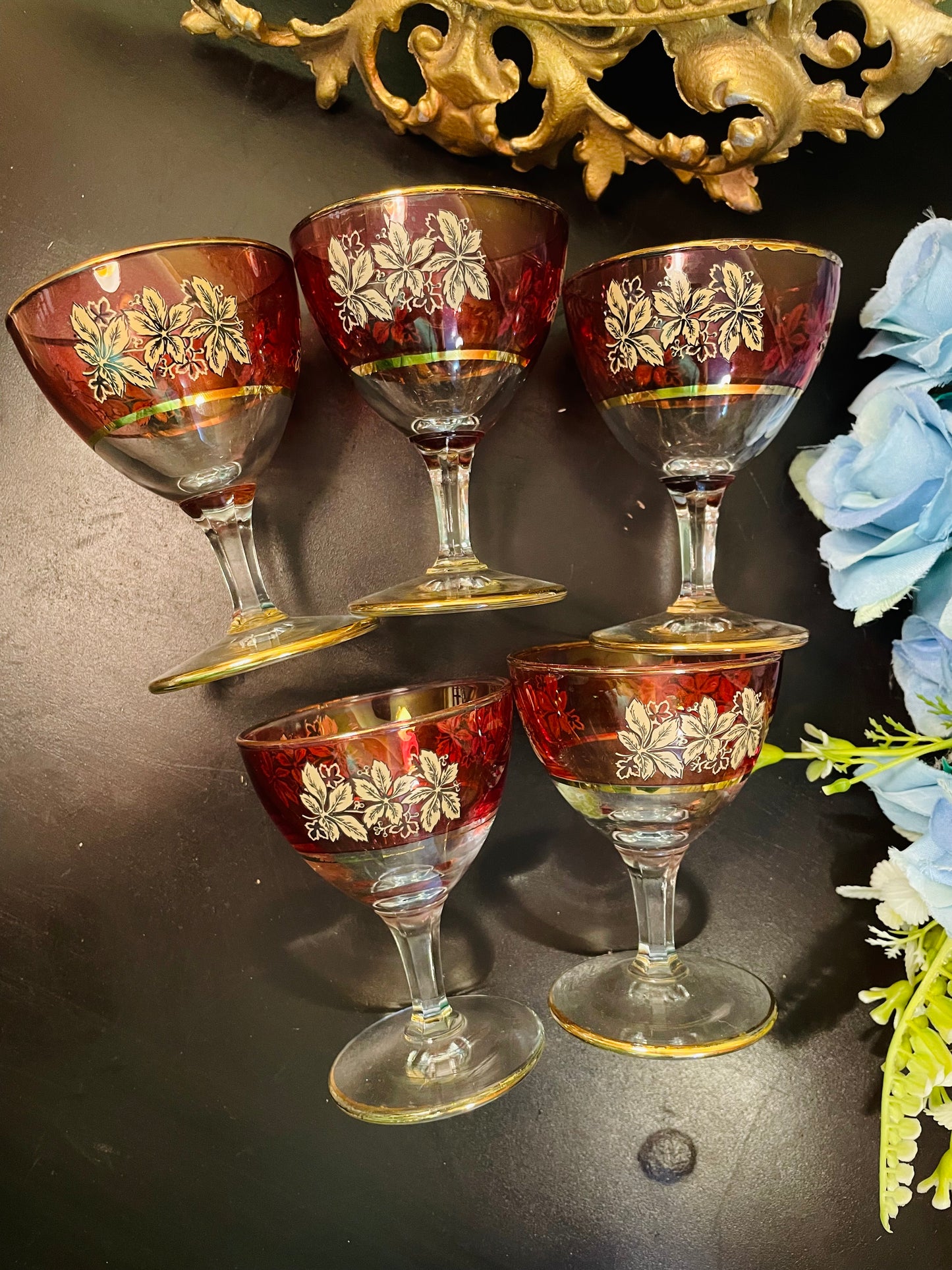 Vintage Ruby Red & Gold Floral Cocktail Glasses – Set of 5