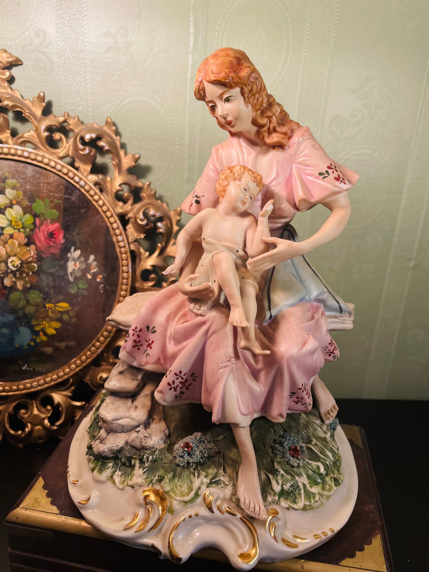 Vintage Mother and Child Porcelain Figurine in Pink Dress