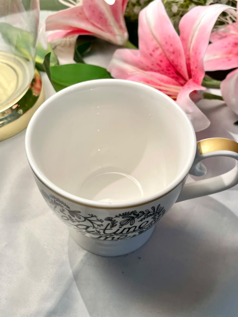 Tea Time Floral Ceramic Soup Mug Black White Gold 10.5cm - 1 Piece