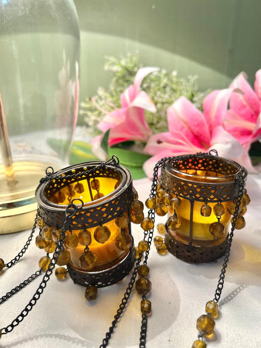 Amber Crystal & Metal Hanging Candle Holders – Set of 2