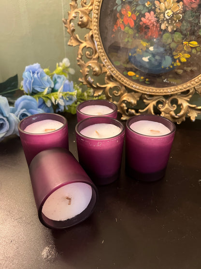 Set of 5 Purple Glass Votive Candles / Mini Scented Candle Holders