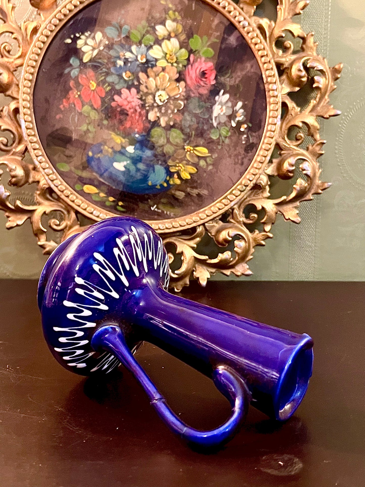 Vintage Cobalt Blue Ceramic Ewer Vase with Handle White Accent 6 Inch
