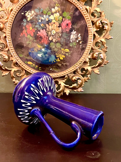 Vintage Cobalt Blue Ceramic Ewer Vase with Handle White Accent 6 Inch