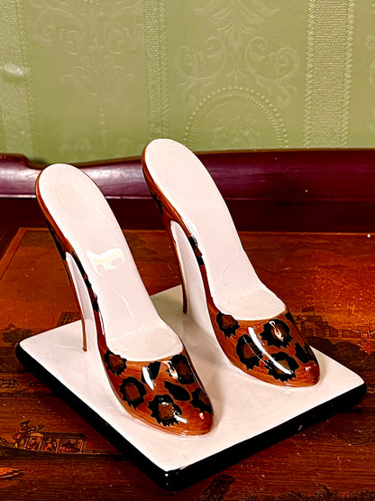 Vintage Ceramic High Heel Shoe Pair Leopard Print Display