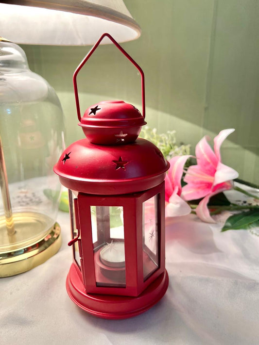 Vintage Style Red Metal Candle Lantern with Star Cutouts 22cm
