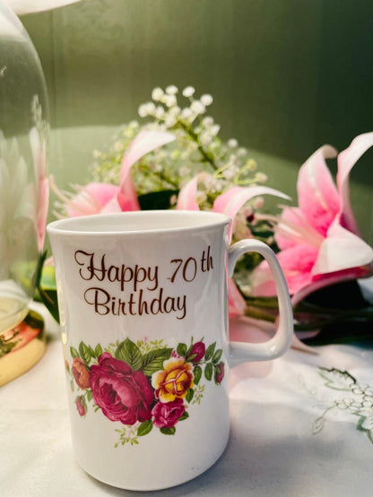 Ashley Staffordshire Happy 70th Birthday Floral Mug Pink Roses Fine Bone China 9 cm