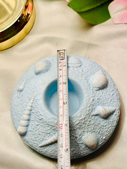 Vintage Pastel Blue Seashell Coastal Candle Holder 13cm