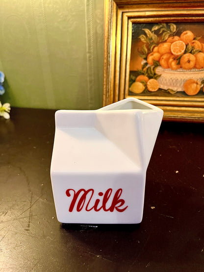 Novelty Milk Carton Ceramic Jug – White and Red Creamer Pitcher