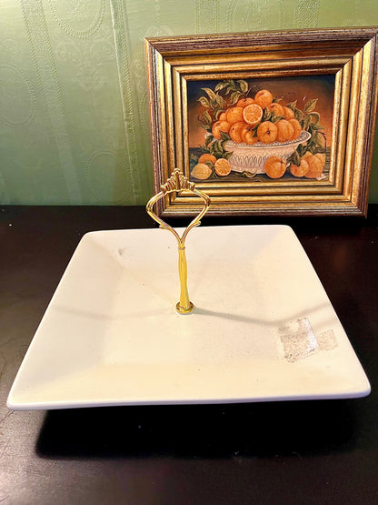 Vintage White Square Serving Platter with Gold Handle – 9 Inch