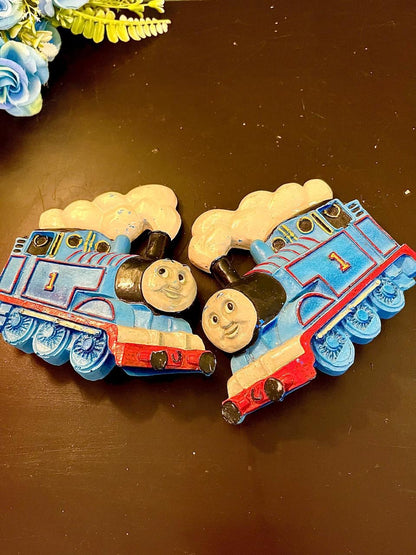 Pair of Thomas Style Blue Train Ornaments | Decorative Kids Room Figures
