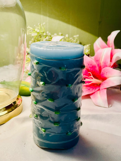 Blue Pillar Scented Candle with Green Bead Detailing 15cm