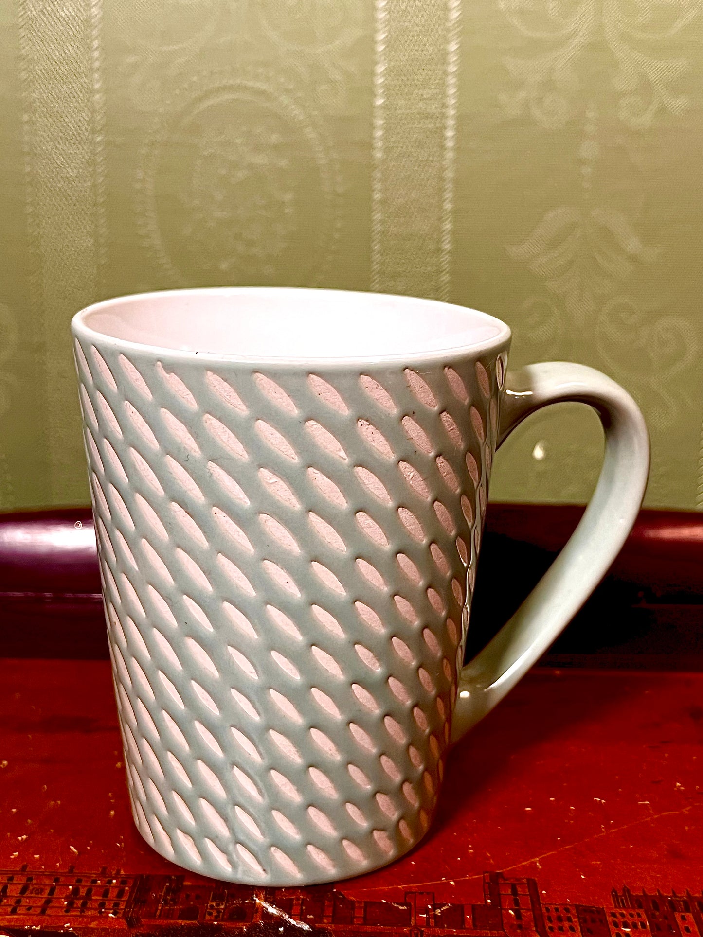 Lumelm Textured Sage Green Ceramic Mug Raised Dash Pattern