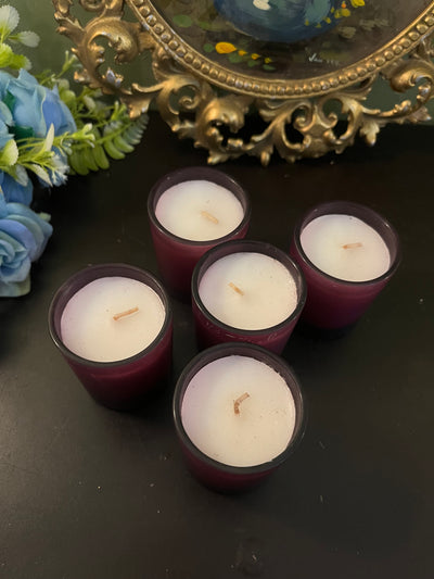Set of 5 Purple Glass Votive Candles / Mini Scented Candle Holders