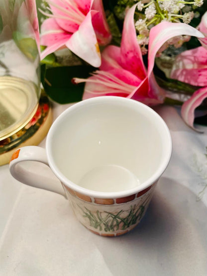 Vintage fine bone china mug featuring a botanical herb and grass illustration 9 cm