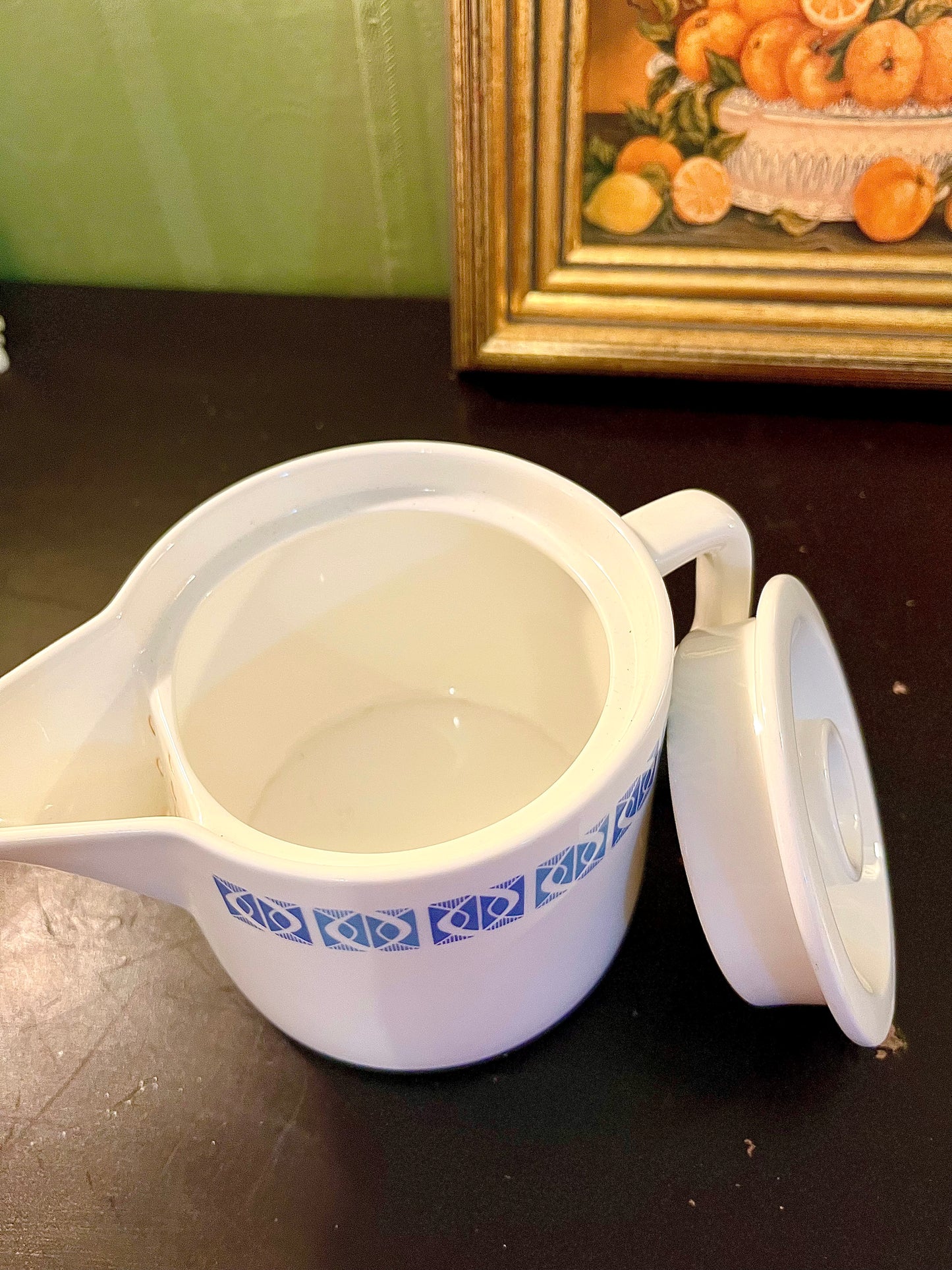 Vintage Ceramic Teapot with Built-In Strainer – White & Blue Geometric Tea Pot