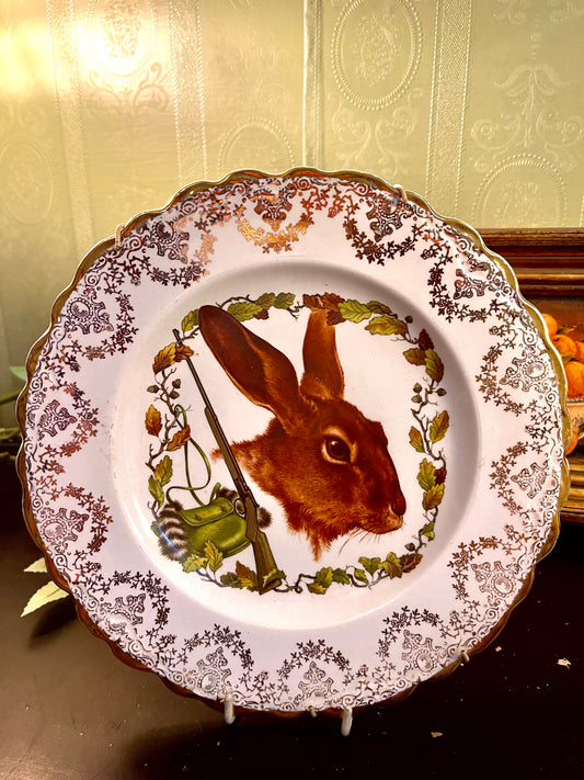 Gold Glided Rabbit Hunting Decorative Plate 9 Inch Gold Trim