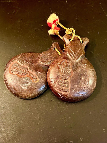 Vintage Hand-Carved Wooden Castanets Pair