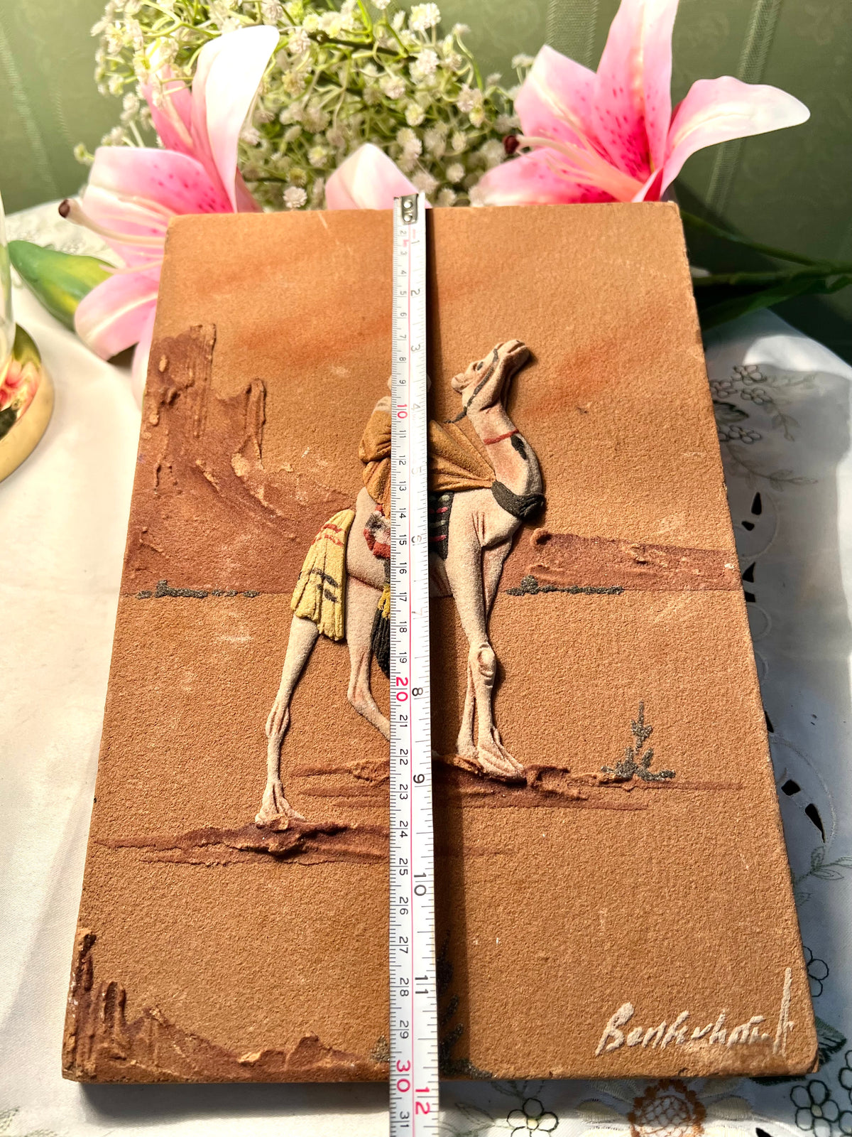 Vintage handmade sand relief painting 3d Camel Rider Desert Relief Wall Plaque 30cm