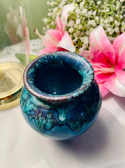 Vintage Blue Glazed Ceramic Vase Drip Detail 12 cm