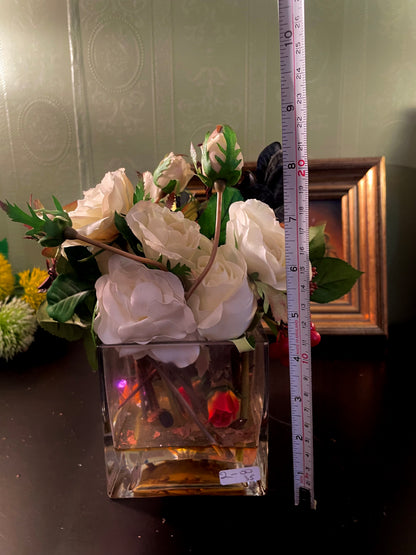 Artificial White Rose Arrangement in Square Glass Vase 9 Inch