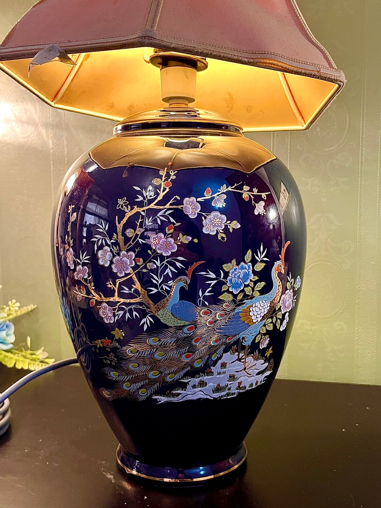 Vintage Cobalt Blue Peacock Ceramic Table Lamp
