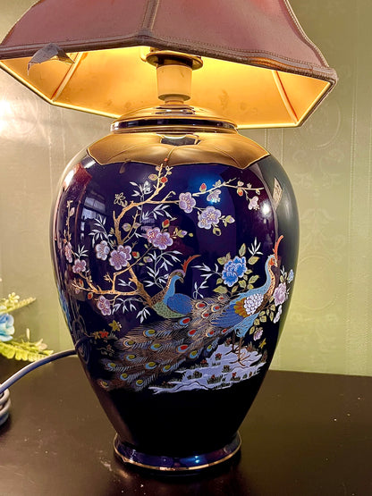 Vintage Cobalt Blue Peacock Ceramic Table Lamp