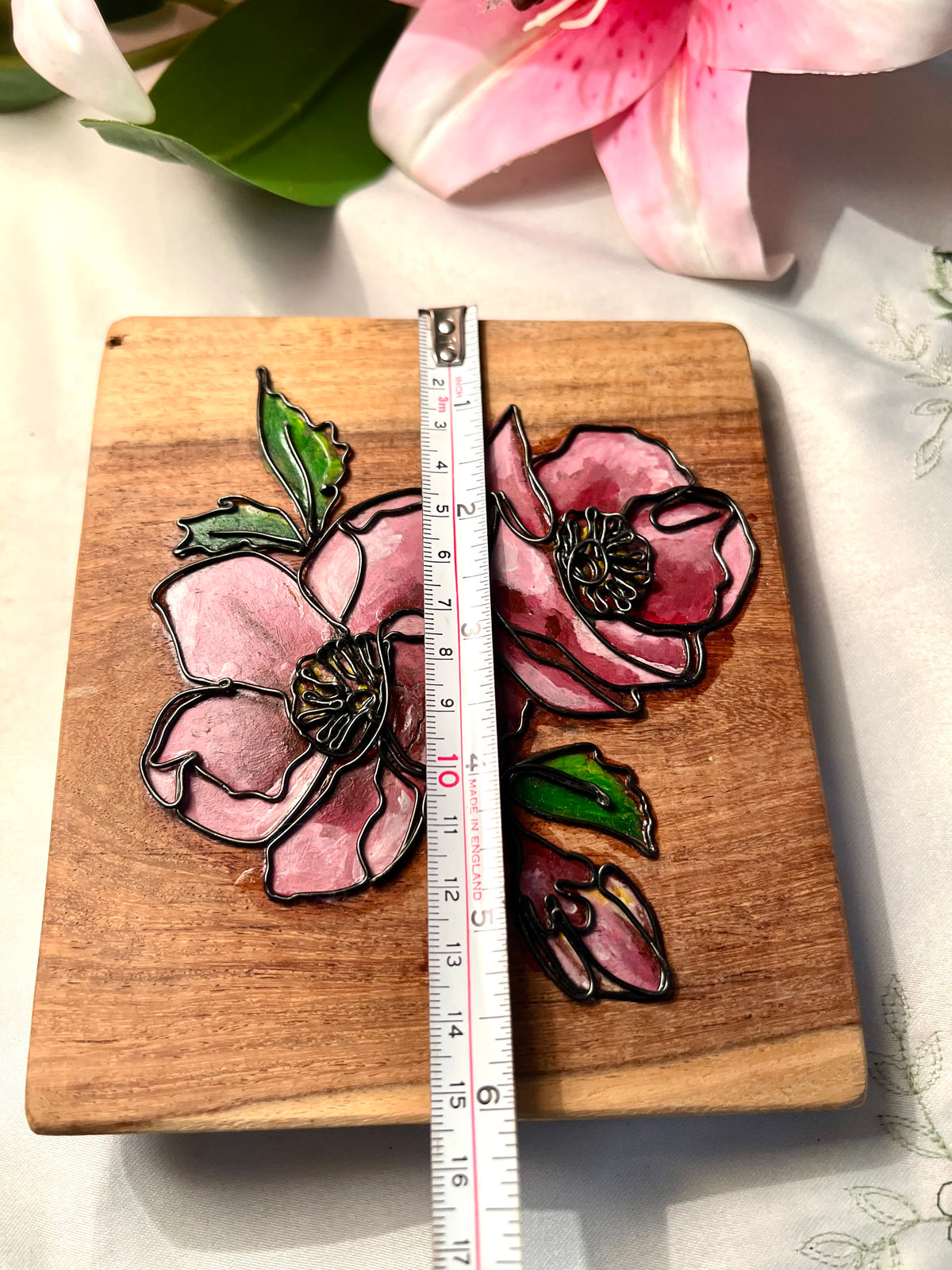 Wooden Floral Wall Plaque Pink Flower Art 15cm