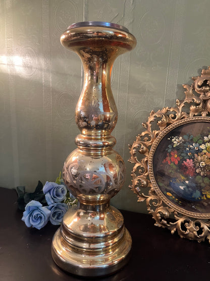 Large Gold Mercury Glass Candle Holder / Tall Pillar Candle Stand