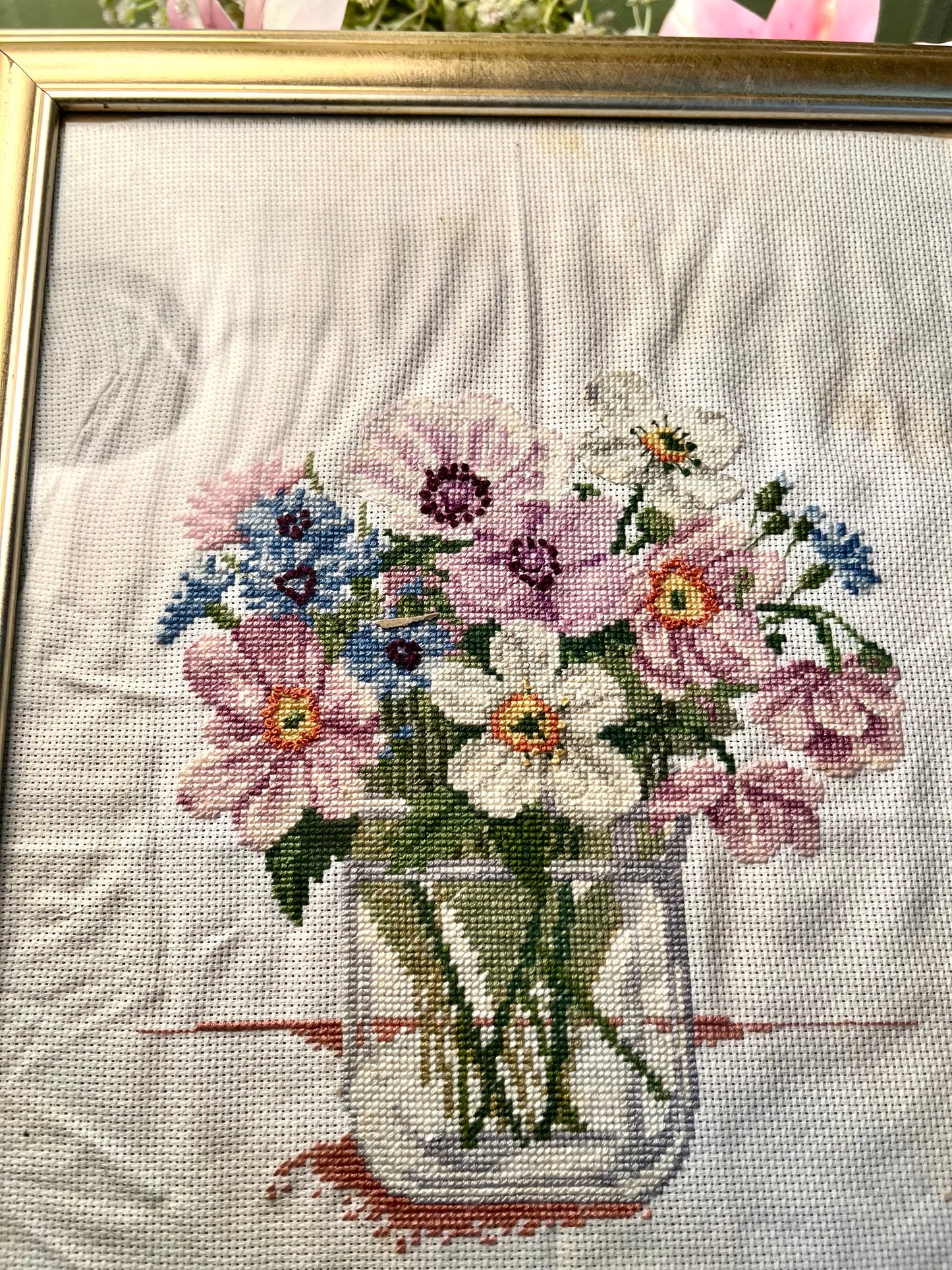 Vintage Framed Floral Cross-Stitch Bouquet Gold-Tone Frame 33cm