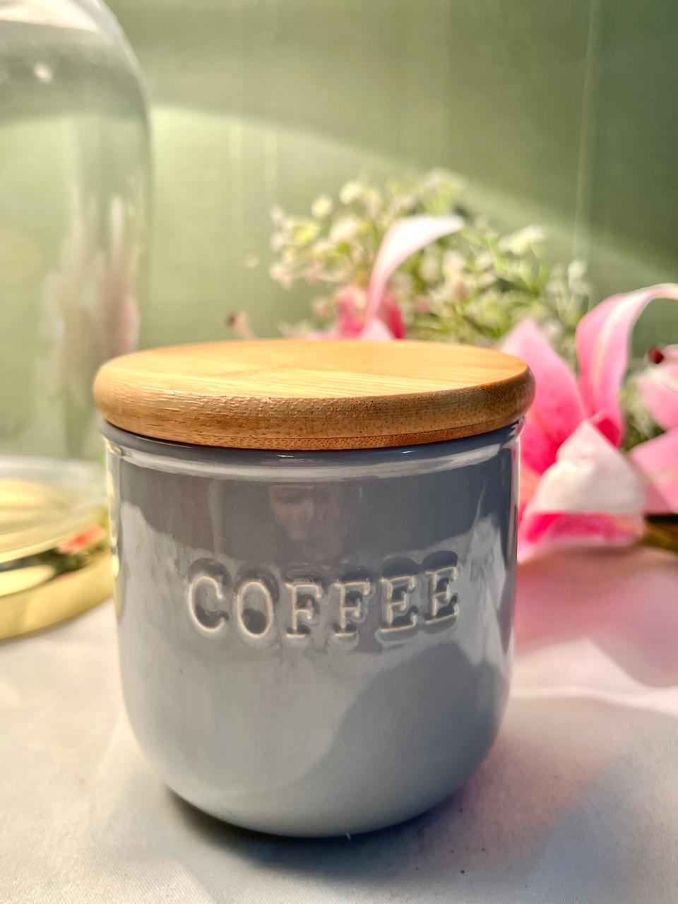 Grey Ceramic Coffee Storage Jar Airtight with Bamboo Lid 11cm