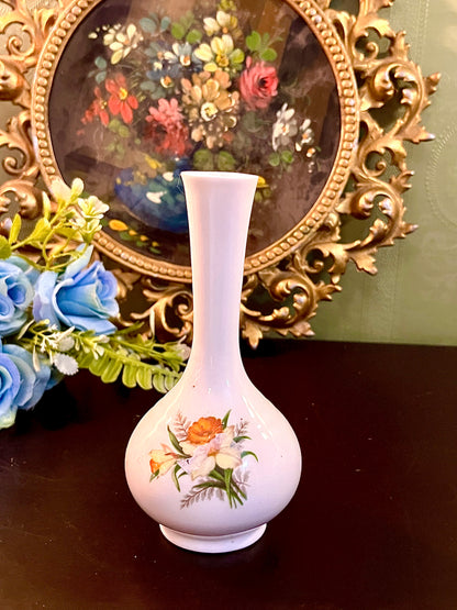 Vintage White Ceramic Bud Vase Floral Design 6 Inch