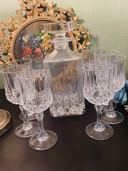 Vintage Crystal Decanter Set with 8 Stem Glasses
