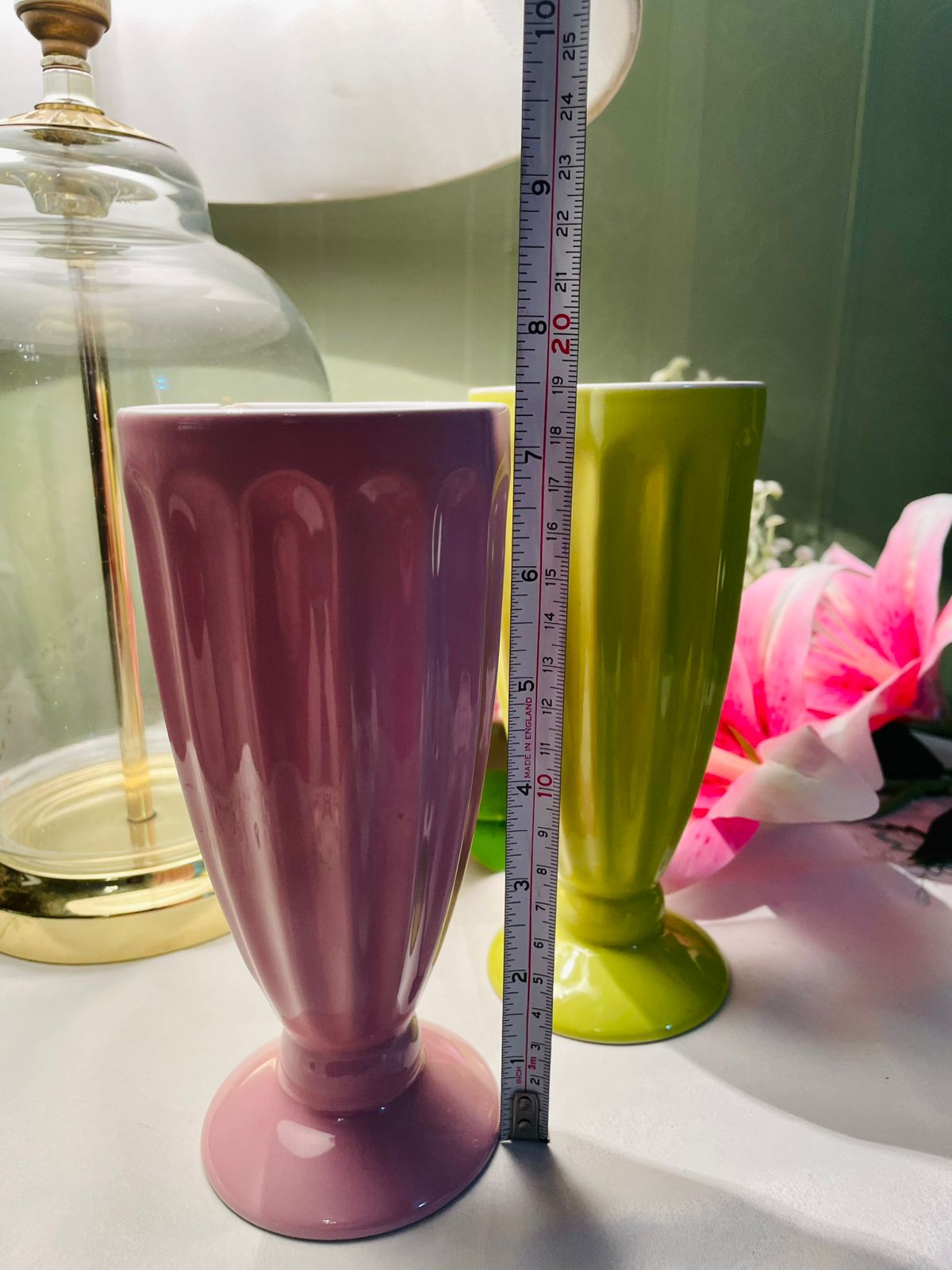 Vintage Pink & Green Ceramic Vases Set of 2 18 cm