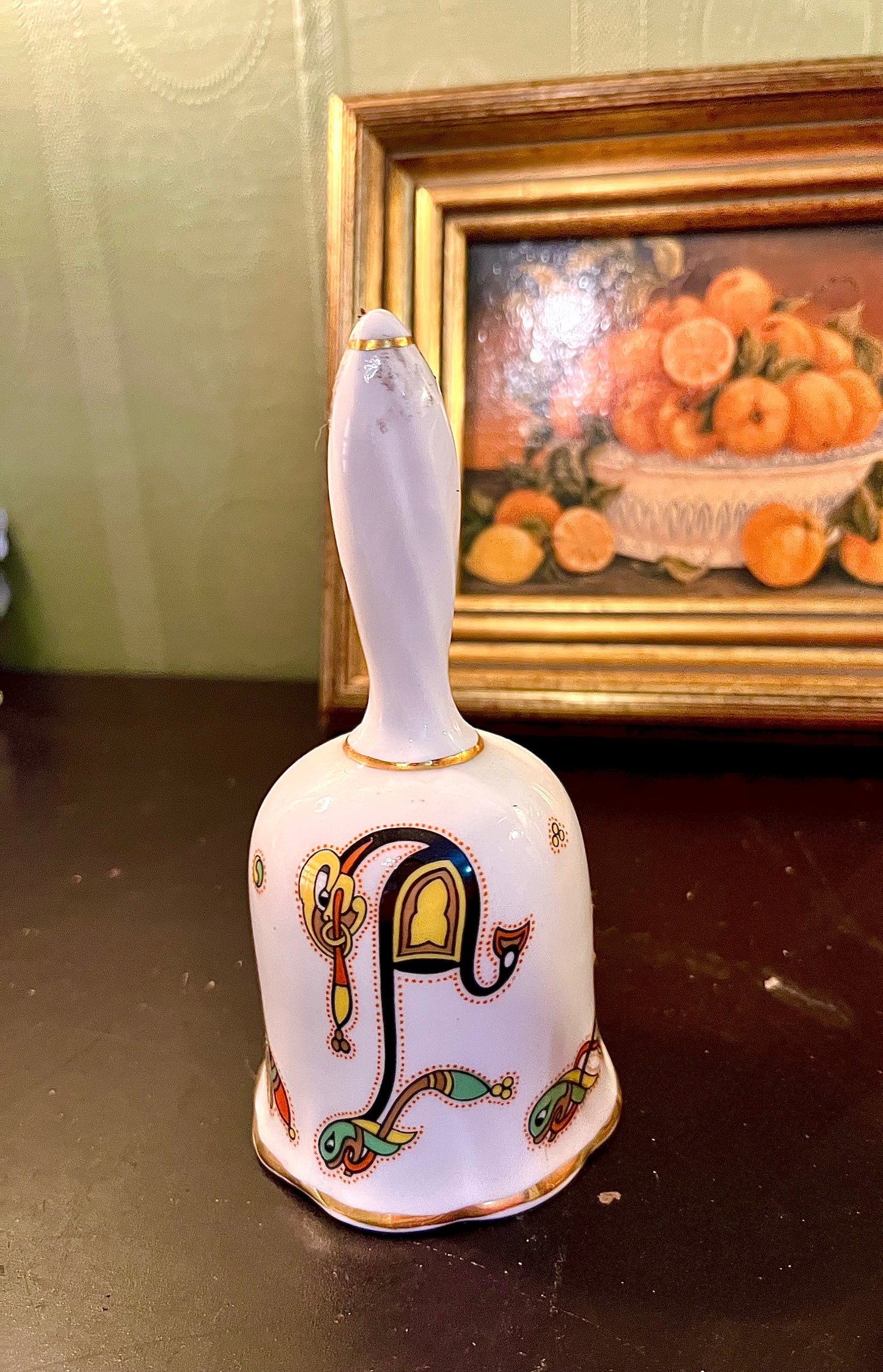 Vintage Ceramic Hand Bell – Colourful Abstract Folk Art Design
