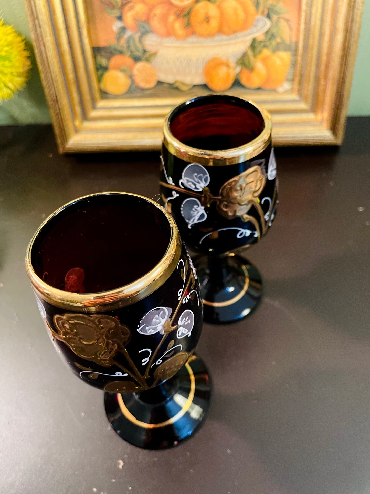 Antique Bohemian Black Glass Goblets Pair – 15 cm