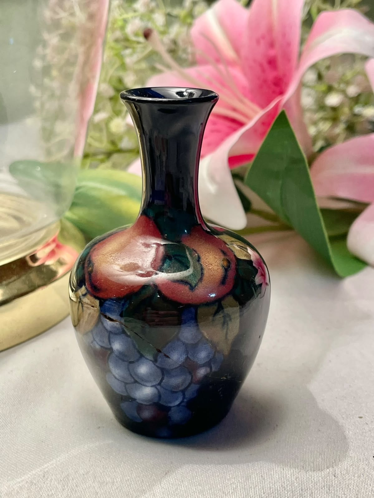 Vintage Fruit Motif Mini Vase, Dark Blue, 4 in