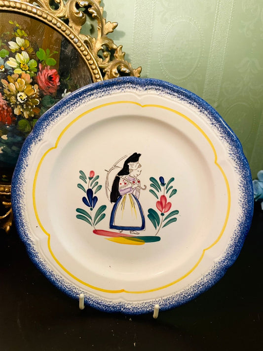 Vintage Folk Art Decorative Plate with Blue Rim