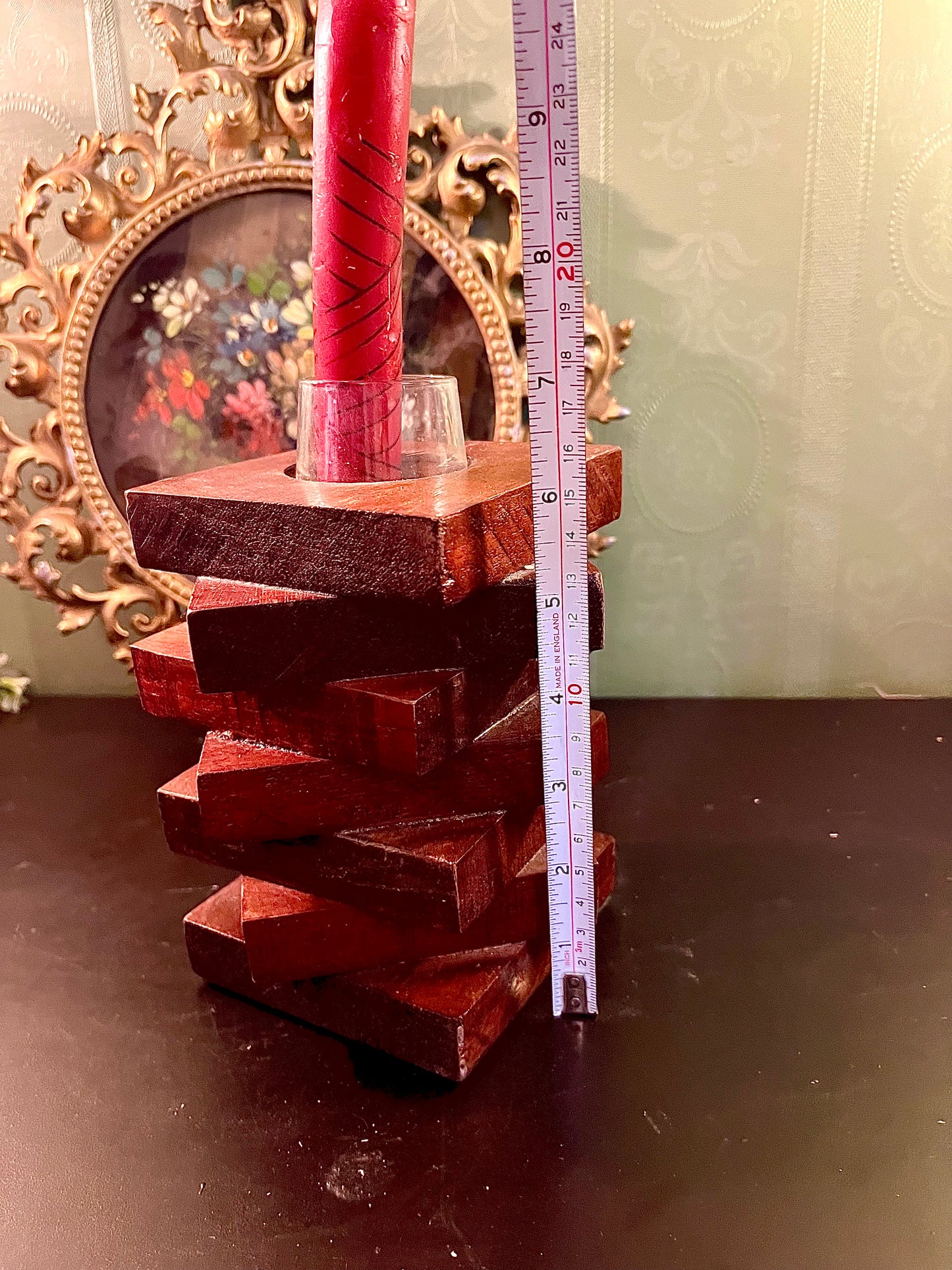 Stacked Wooden Taper Candle Holder with Glass Insert