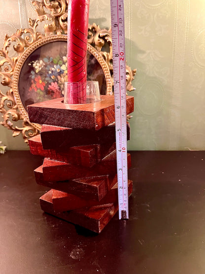 Stacked Wooden Taper Candle Holder with Glass Insert