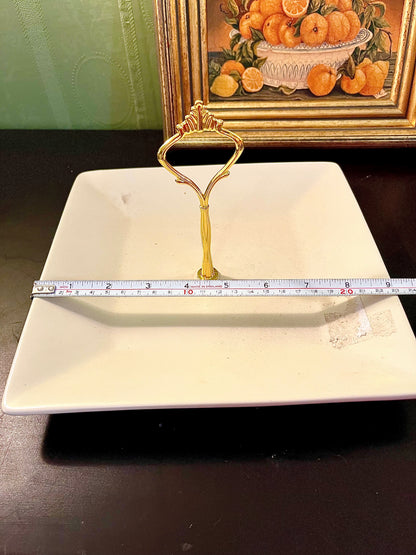 Vintage White Square Serving Platter with Gold Handle – 9 Inch