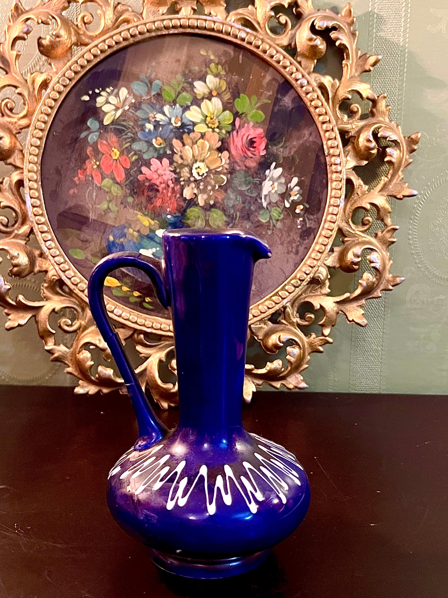 Vintage Cobalt Blue Ceramic Ewer Vase with Handle White Accent 6 Inch