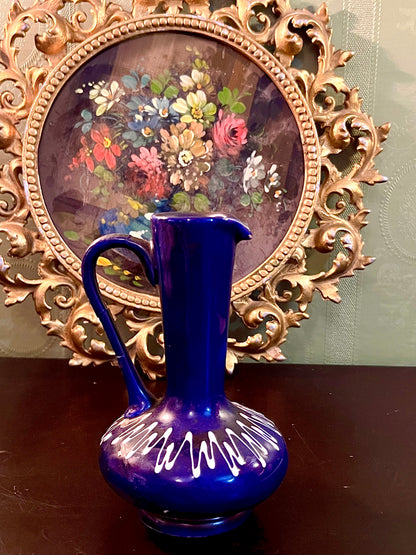 Vintage Cobalt Blue Ceramic Ewer Vase with Handle White Accent 6 Inch