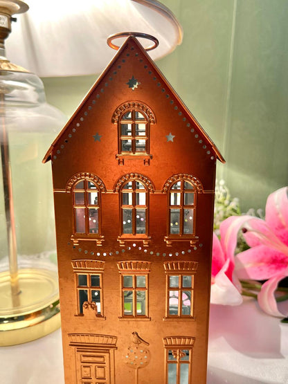 Copper-Tone Metal House Decor with Cutout Windows 25cm