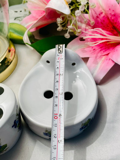 Vintage White Ceramic Bathroom Set Blue Floral 2-Piece 12 cm