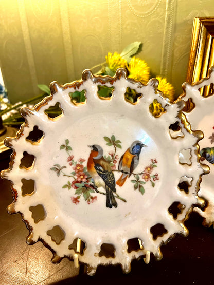 Set of 2 Cutwork Reticulated Bird Porcelain Cabinet Plates 16cm