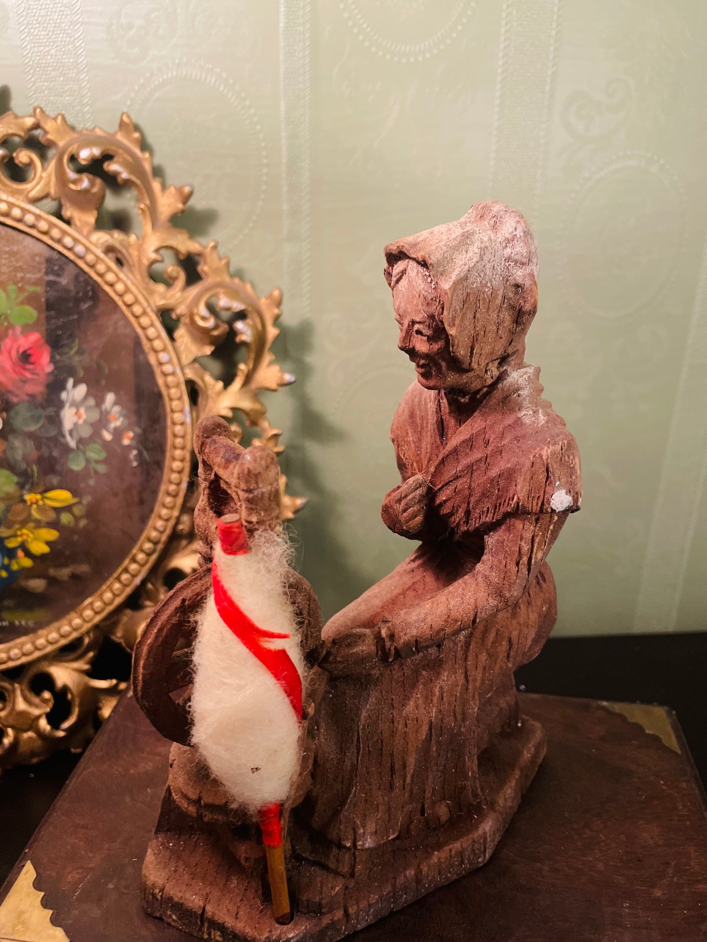 Vintage Hand-Carved Wooden Spinning Wheel Lady Figurine