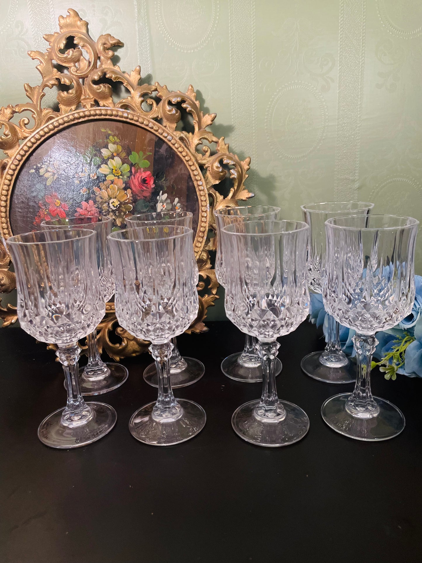 Vintage Crystal Decanter Set with 8 Stem Glasses