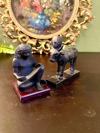 Egyptian Scribe and Bull Figurine Set